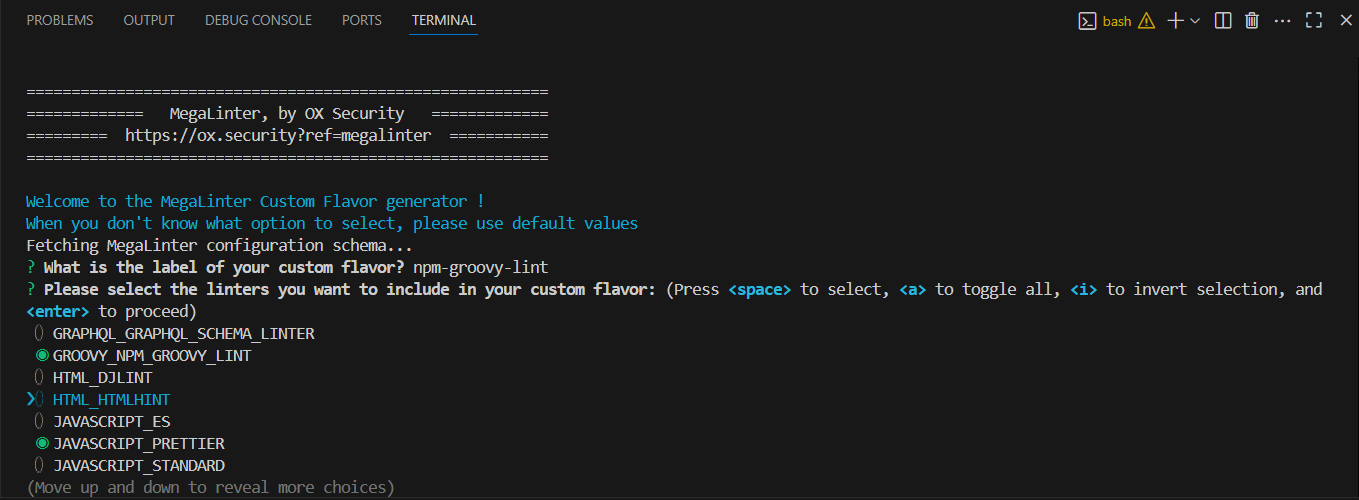 Selection of linters in the custom flavor