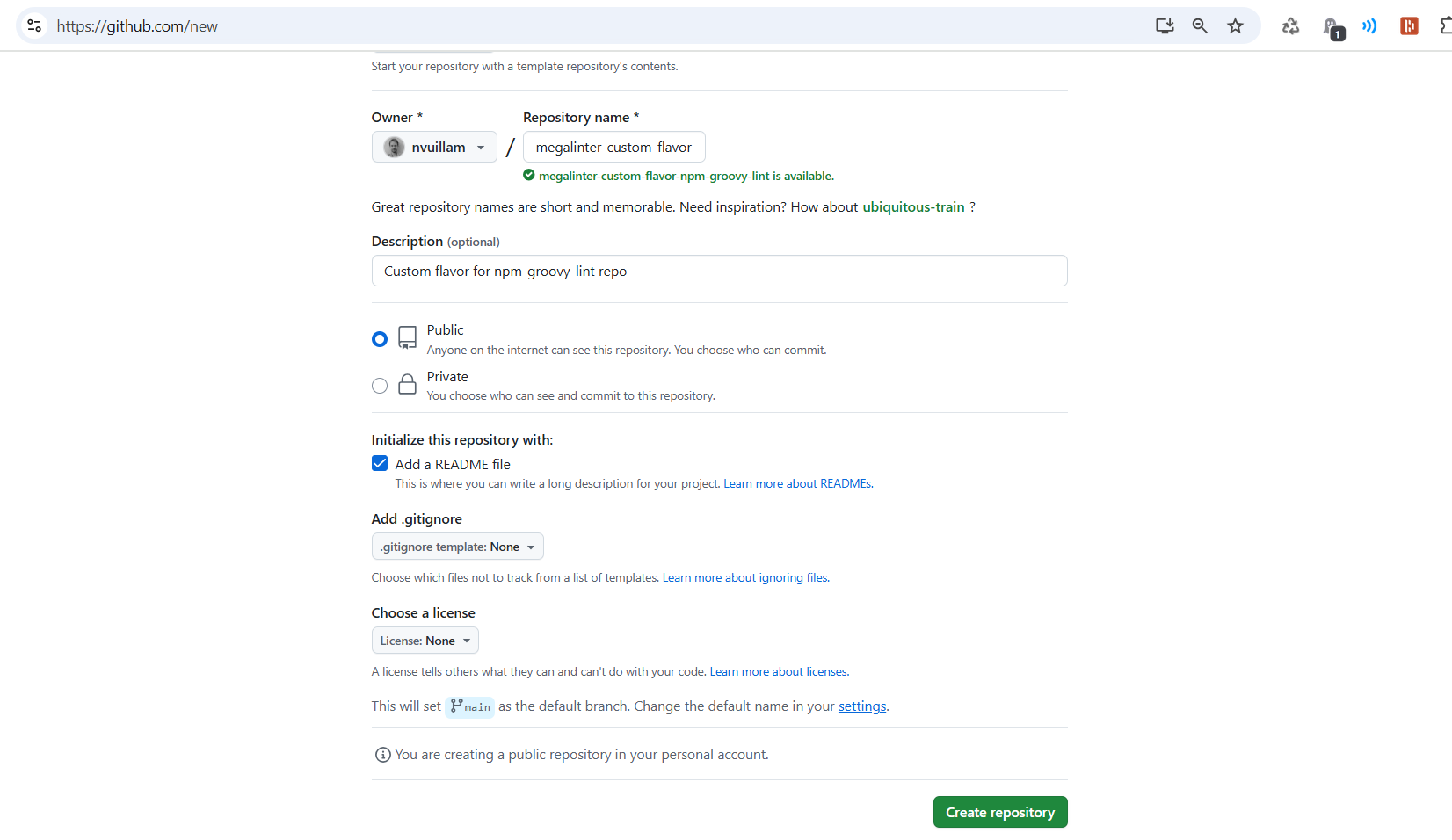 GitHub form to create a repository